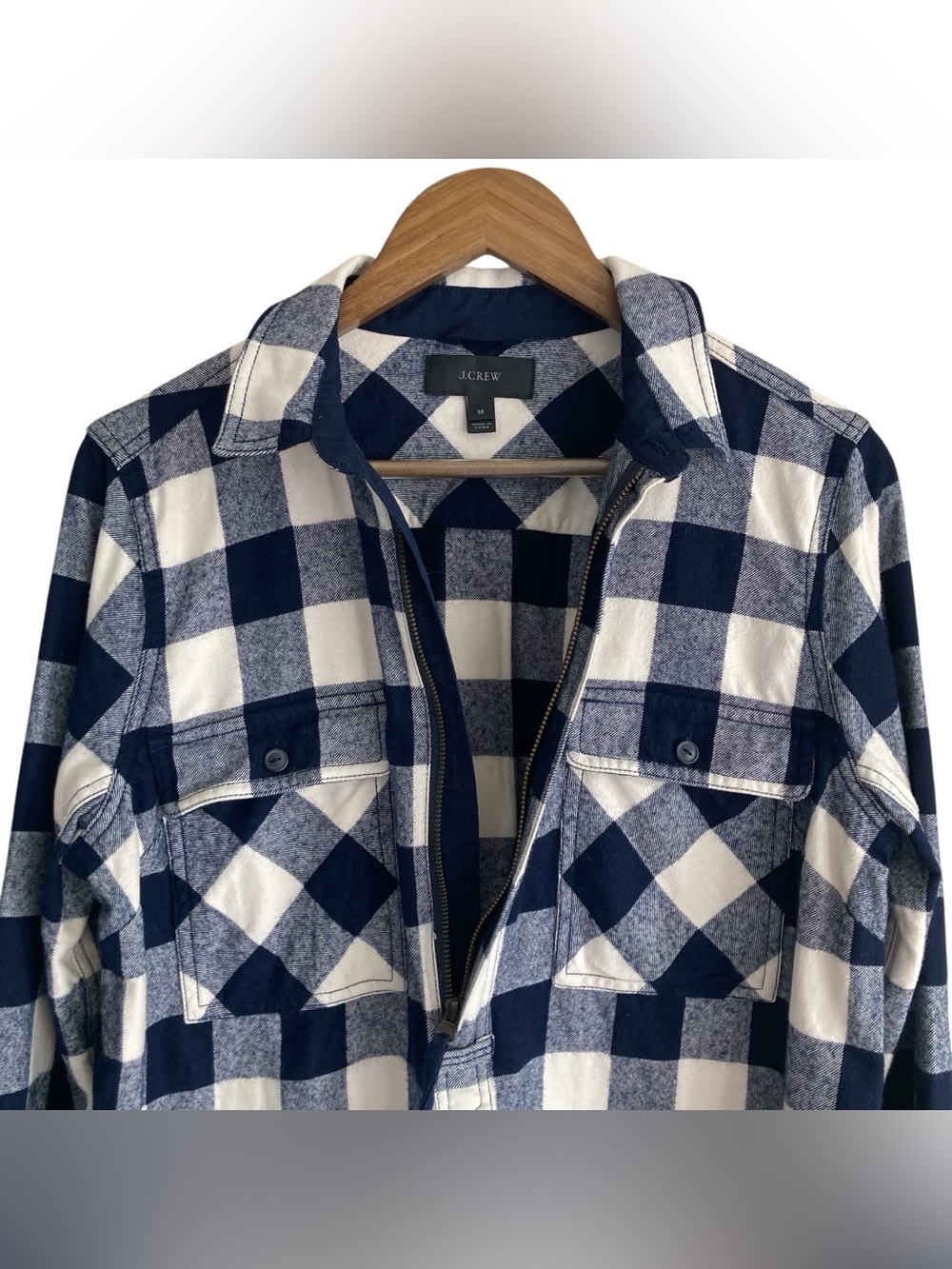 J.CREW Women's Navy and Cream Buffalo Check Plaid Half-Zip Shirt Shirt Jacket - Picture 6 of 13